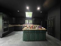Kitchen with dark painted walls and ceiling and a green-painted island