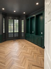 Reading room with deep emerald built-in cabinets, a dark ceiling, and a herringbone floor