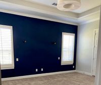 Living room with a deep navy accent wall and white shutters