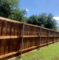 Stained wood fence on steel posts